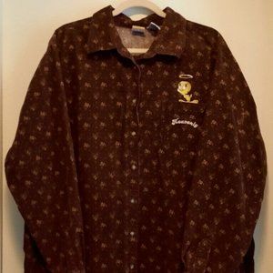 Vintage Tweety Bird Shirt Womens 26W/28W Corduroy Button Up Long Sleeve Ladies